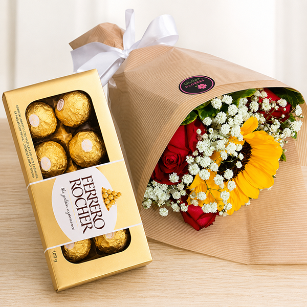 Buqu� de Rosas com Girassol e Ferrero