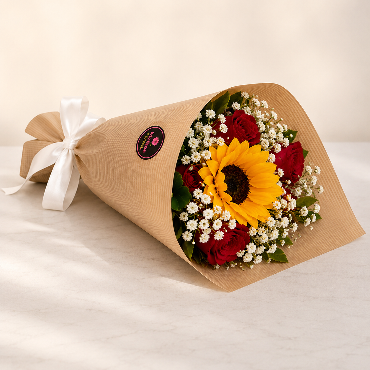 Buqu� de Rosas com Girassol 