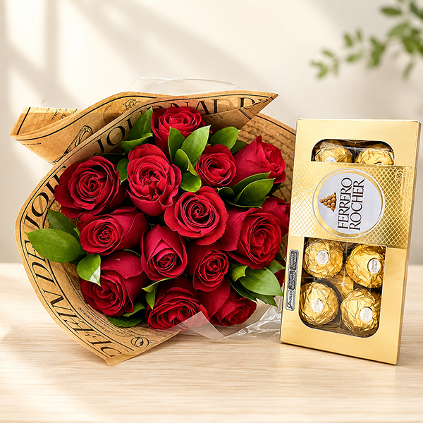 Buqu� com 15 Rosas Colombianas e Ferrero