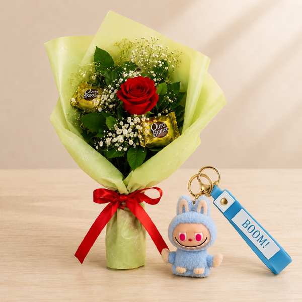 Buqu� Rubi com Ouro Branco com Chaveiro Stitch